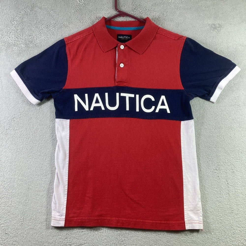 Nautica Polo Shirt Youth Large Color Block Spell Out Sleeve Hit Graphic